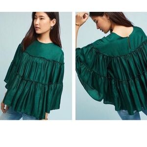 Ne Quitez Pas Emerald Green Silk Tiered Top Sz XS